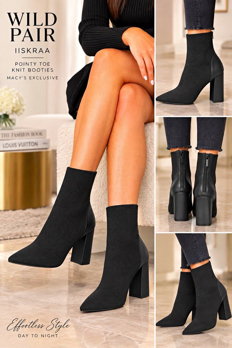Wild Pair Iskraa Women's Black Knit Pointed Toe Ankle Bootie Block Heel Zip